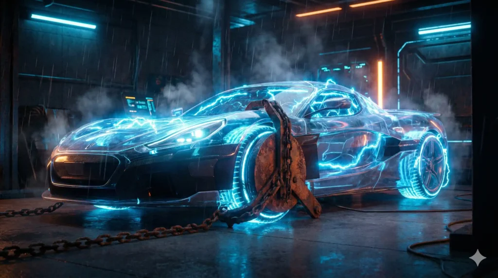 Tekoäly SEO:n konehuoneessa – Miten muutamme datan euroiksi vuonna 2026? Futuristinen urheiluauto ladattuna tekoäly-energialla mutta estettynä liikkumasta teknisten ongelmien vuoksi – vertauskuva huonolle tekniselle SEO:lle.