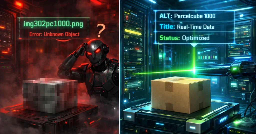 Vertailukuva hakukoneoptimoinnista: vasemmalla tekoälyrobotti on hämmentynyt epäselvästä tiedostonimestä, oikealla se tunnistaa Parcelcube-tuotteen tarkasti optimoitujen metatietojen ansiosta.